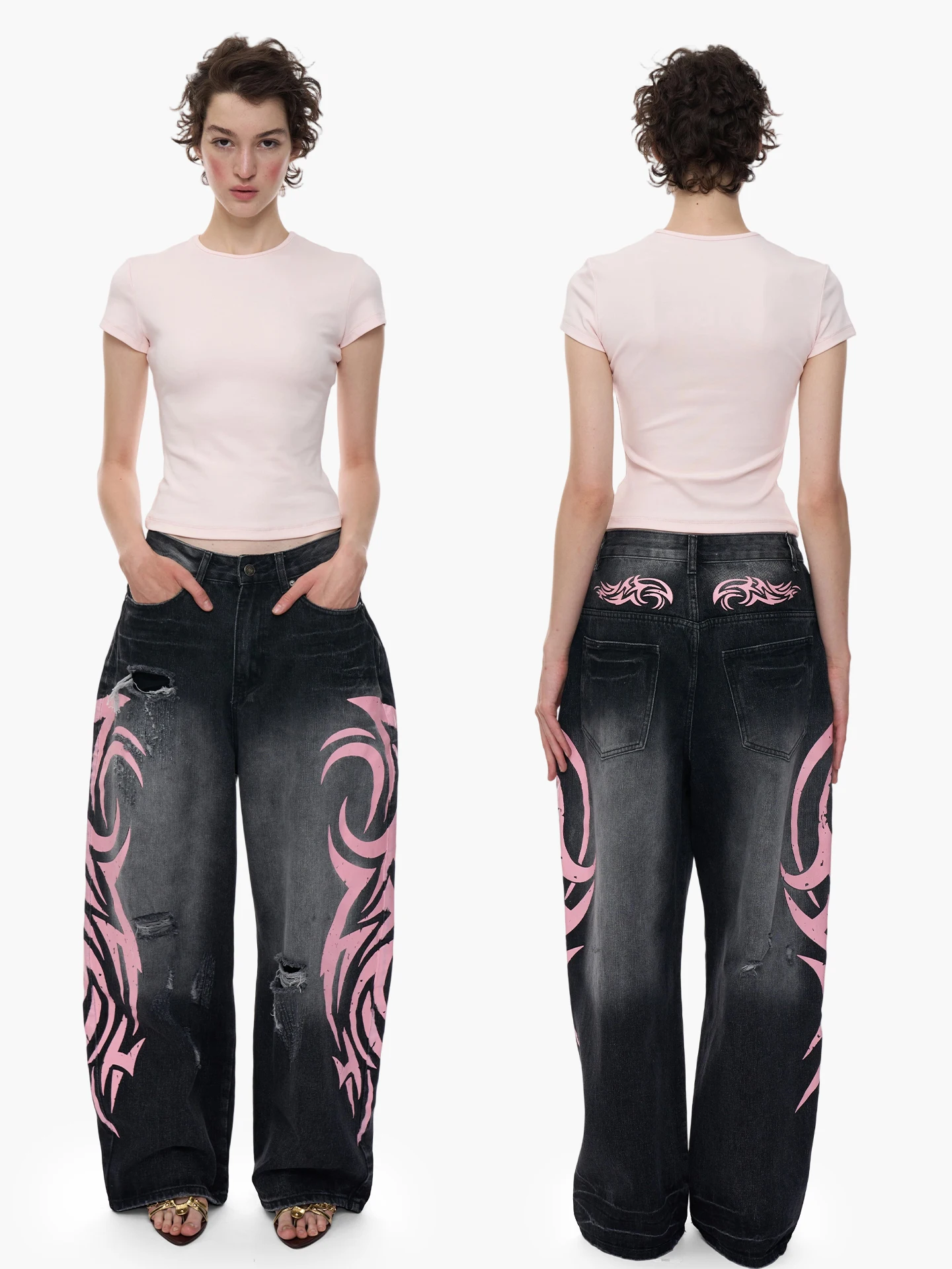 Jeans in denim larghi a gamba larga da donna Y2K Millennium Trendy Print Hole Casual Sle l Jeans in vita da donna Faion