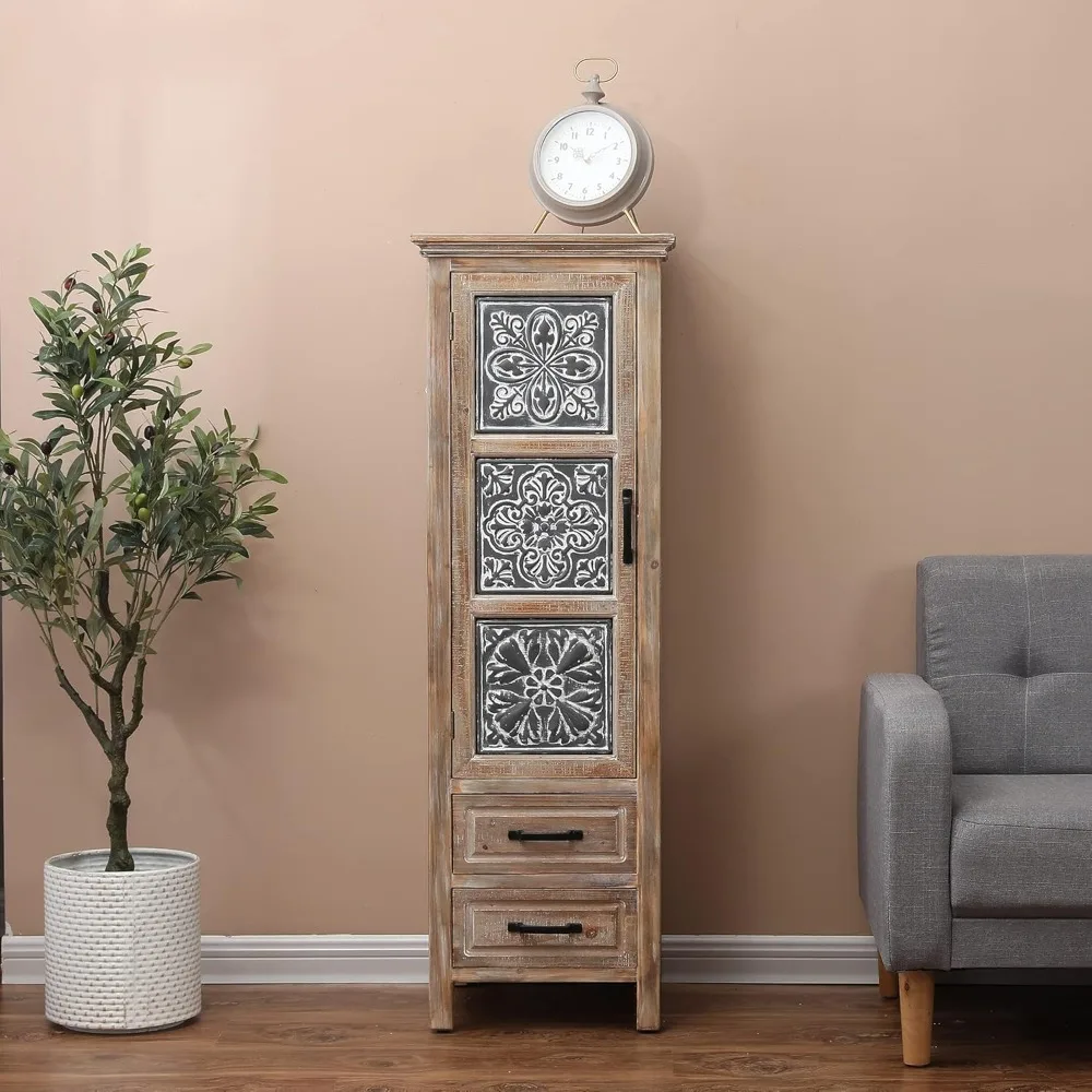 Gray Tall Tower Storage Cabinet with Rustic Wood Design for Versatile Home Buffet and Organization