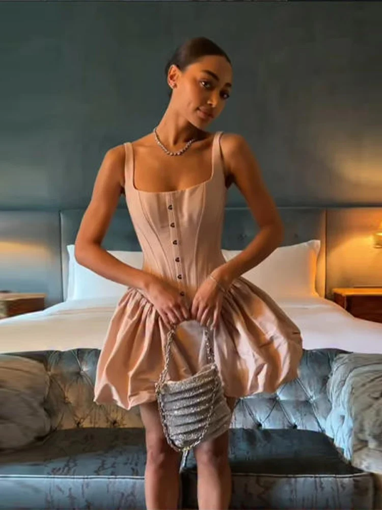 

Women Square Neck Bandage A Line Puffy Vestidos Female 2026 Chic New Party Evening Dresses Elegant Sling Fishbone Mini Dress
