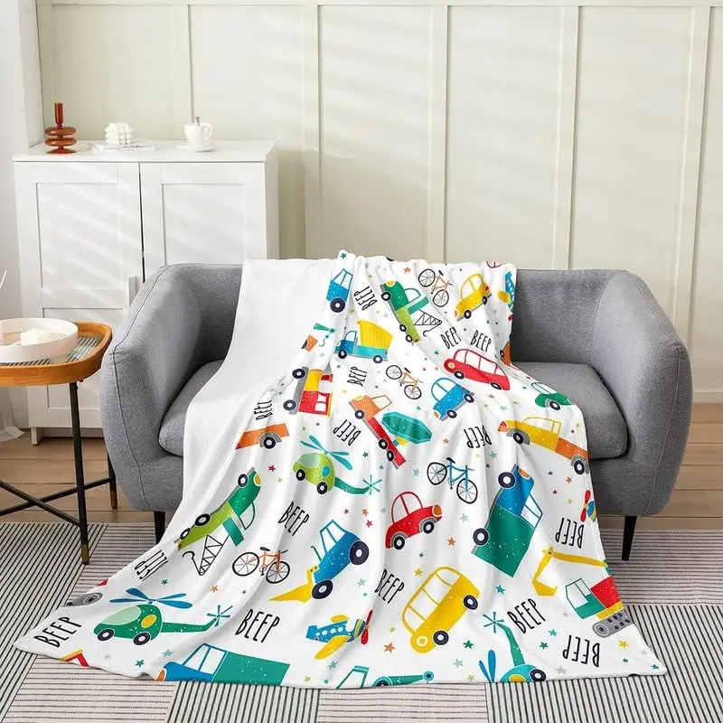 Cartoon Car Flannel Fleece Throw Blanket, Colorful Excavator All Season Bed Blanket Construction Site Cars Fuzzy Blanket