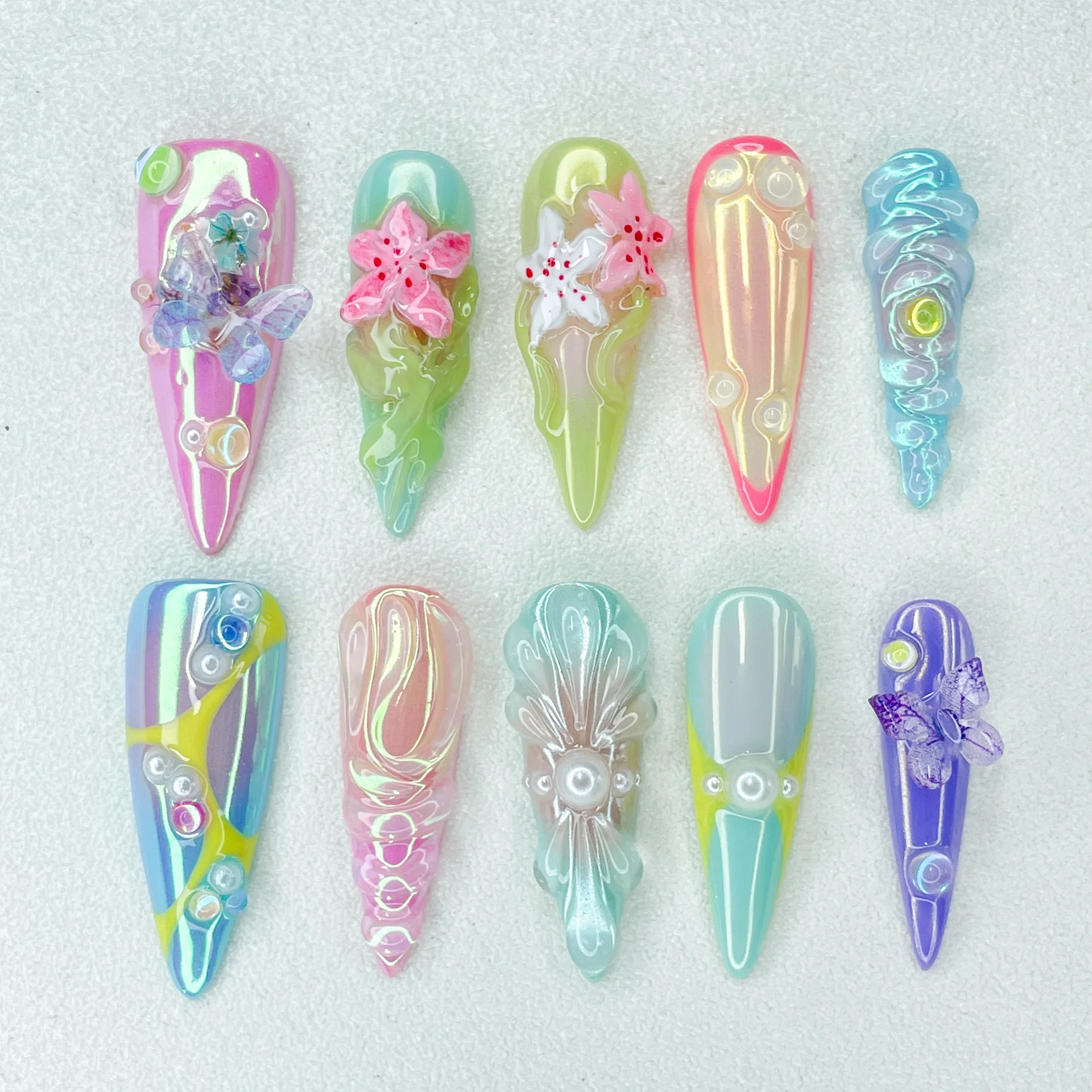 

New Cute Glossy Style Manicure 3D Relief Series Long Pointed Design Press on Nails Mandarin Duck Flower Sculpture Fake Nails