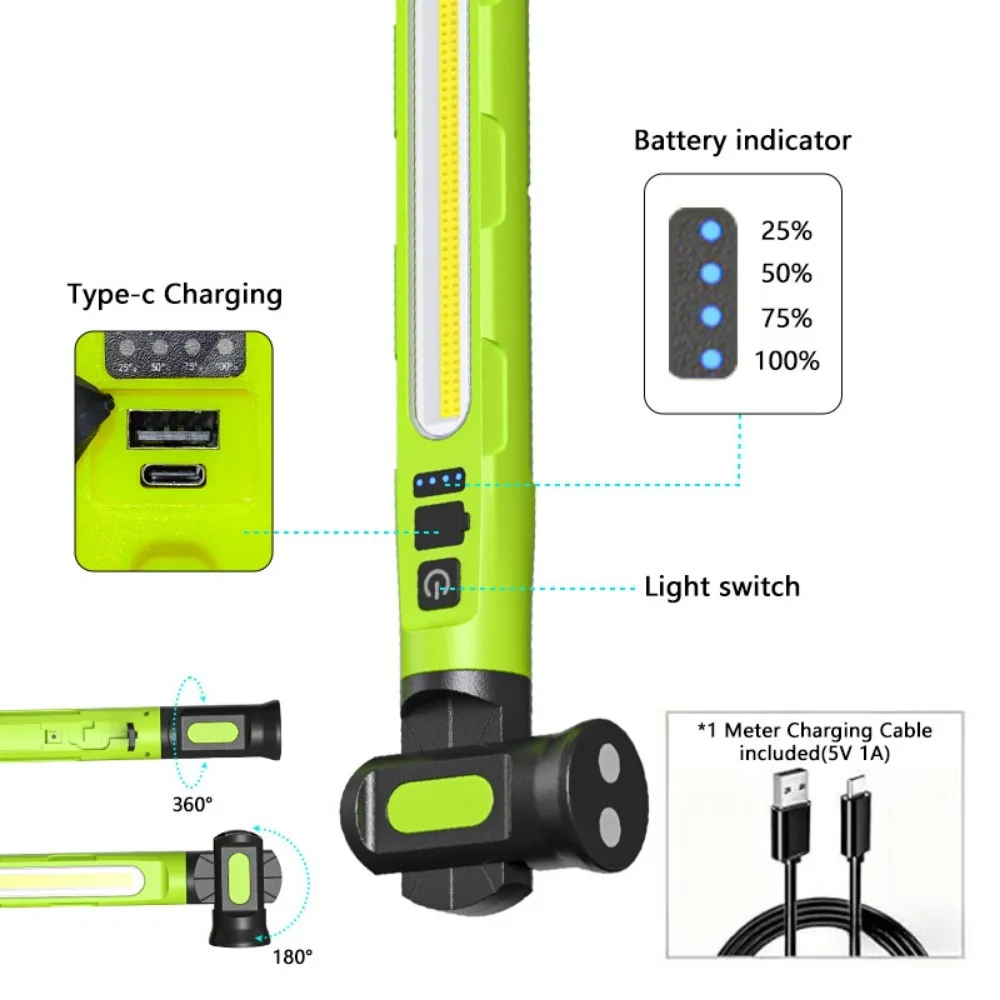 Rechargeable COB LED Work Light Magnetic Torch Underhood Work Lamp With Hooks & Rotating Magnetic Base for Car Emergency Repair