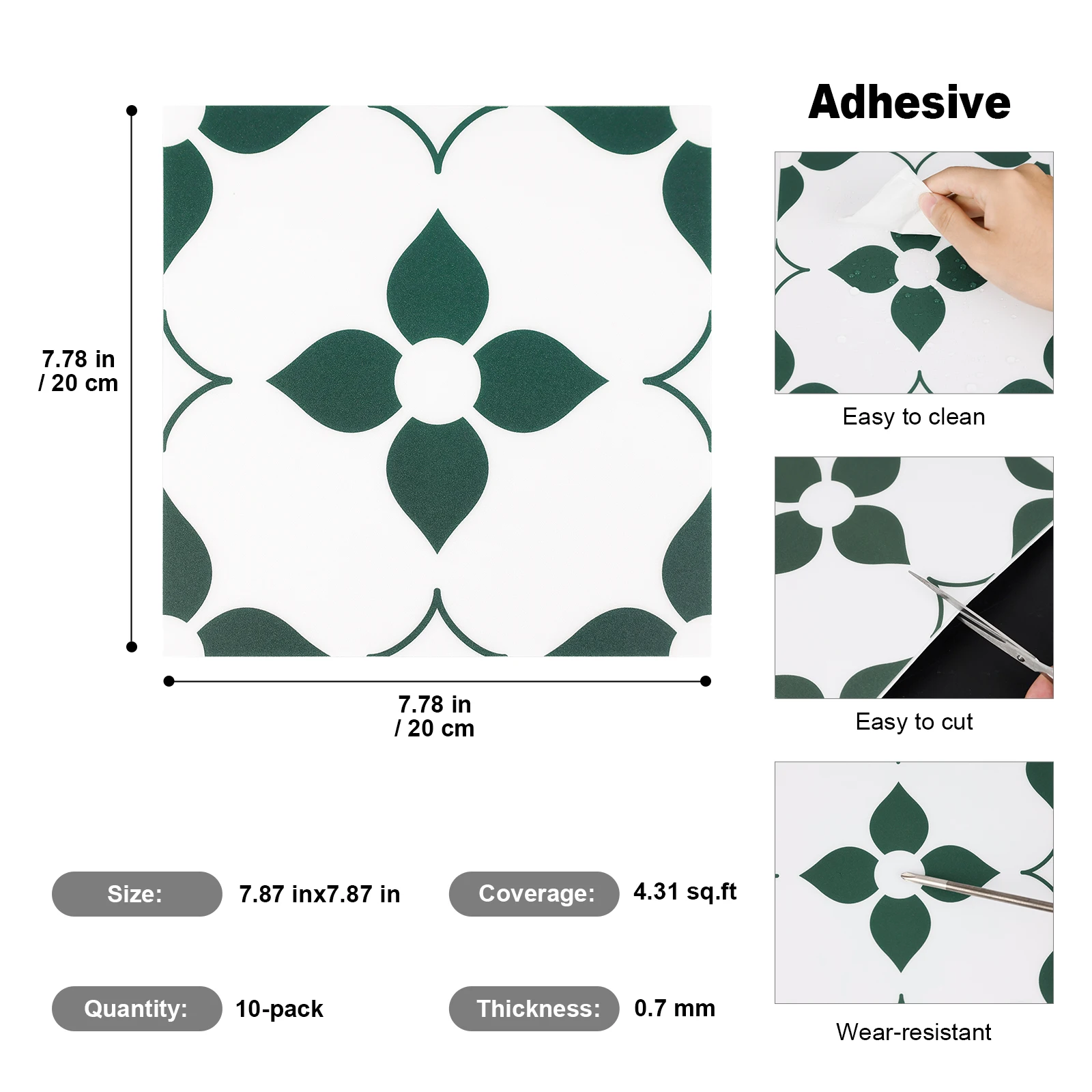 7.87 in. x 7.87 in. Light Green Floor Stickers Peel and Stick Waterproof (10-Pack) for US