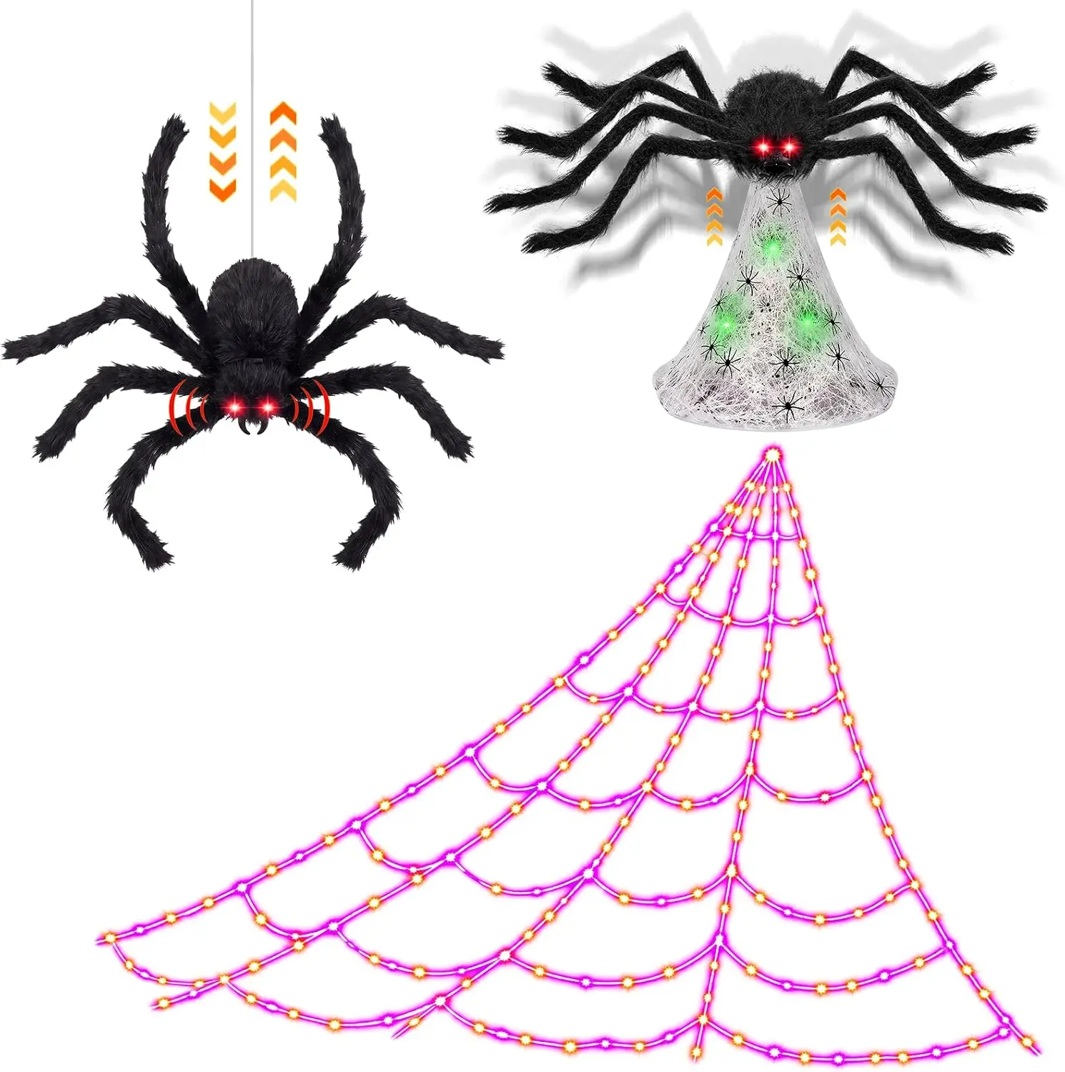 Halloween Spider Web Lights Decoration Set with 2 Black Animatronic 34-Inch Jumping Spiders