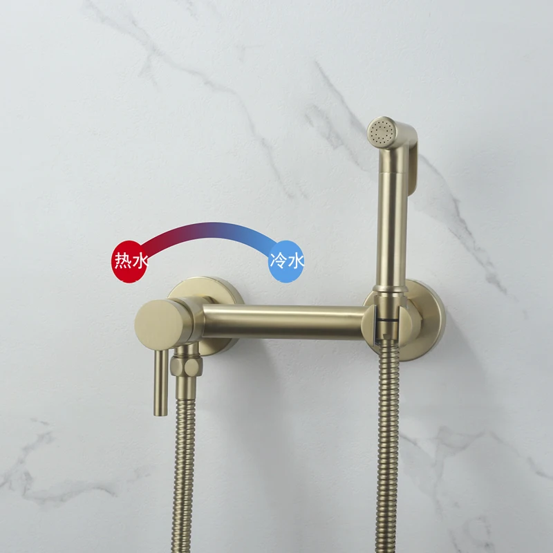 Bathroom Bidet Toilet Faucet Wall Mounted Toilet Hand Held Bidet Sprayer Kit Bathroom Hot and Cold Mixer Valves Brushed Gold