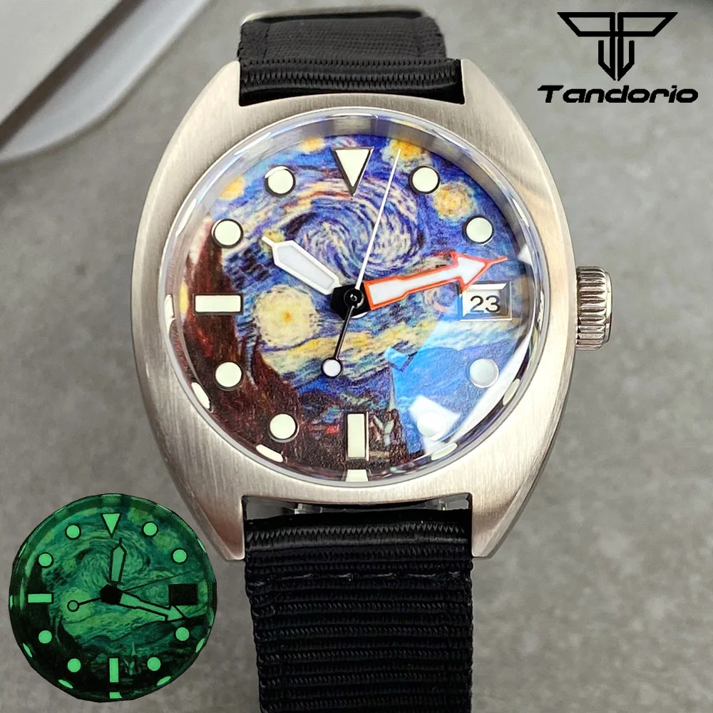 36mm NH35A Tandorio Vintage Dive Mechanical Mans Watch Van Gogh Starry Sky Dial Sapphire Glass Luminous Waterproof Men\'s Watch