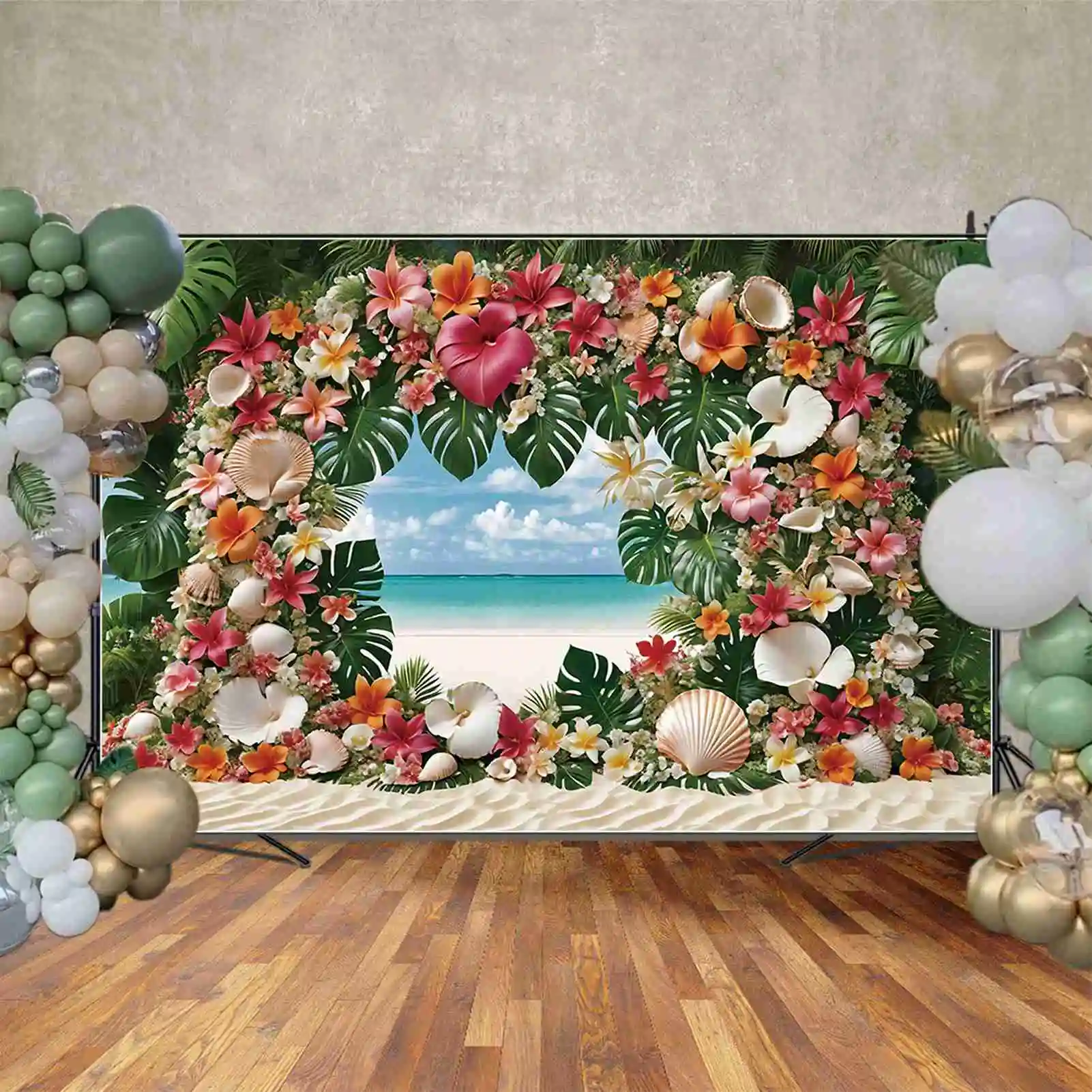 Moon.qg ชายหาดวันหยุดใบไม้เขตร้อนดอกไม้พวงมาลัยใบปาล์มพื้นหลังที่กำหนดเองอุปกรณ์เสริมสำหรับงานปาร์ตี้