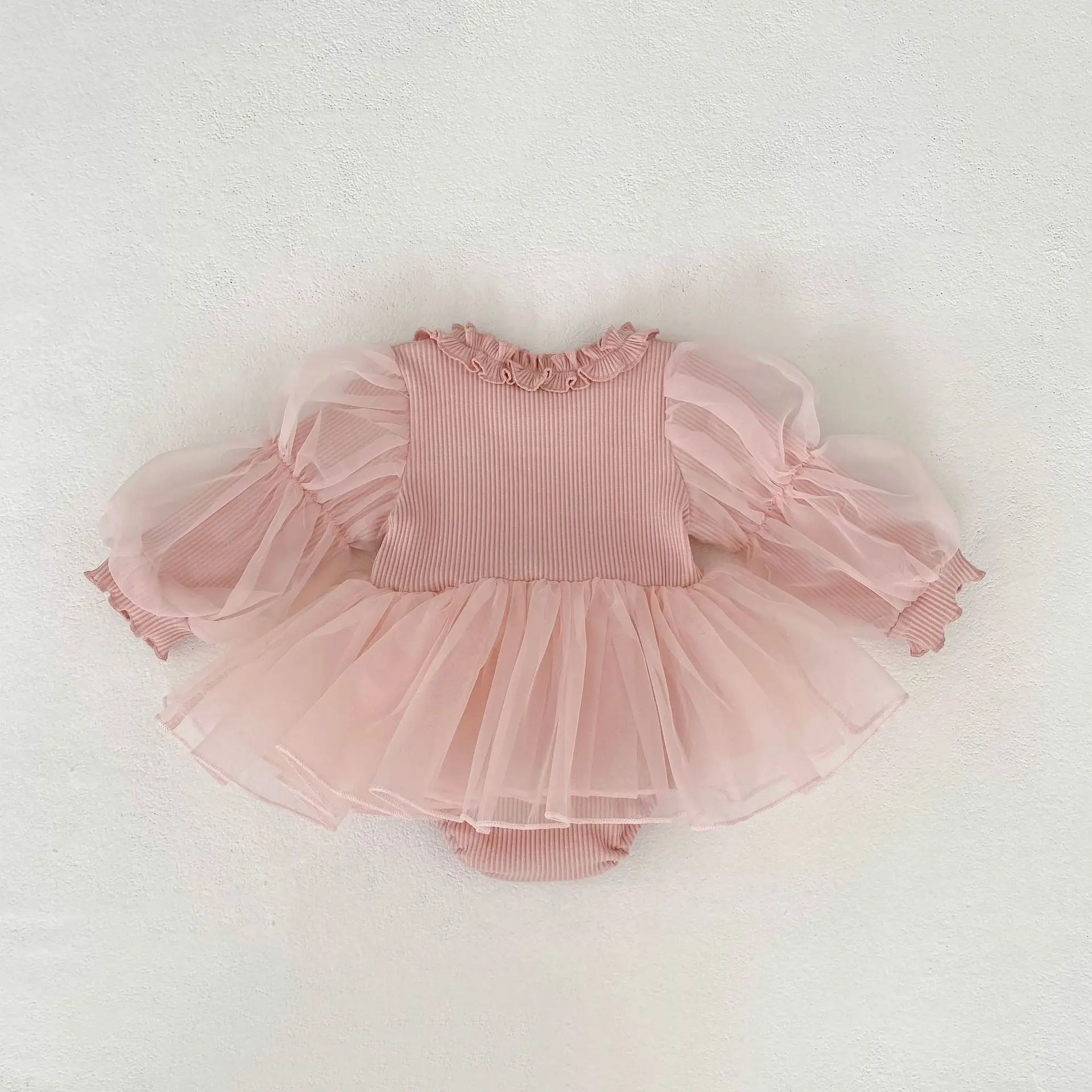 New Mesh Long Sleeved Dress, Suitable for 0-3 Year Old Baby Girls, Bubble Sleeve Design, Princess Skirt Style