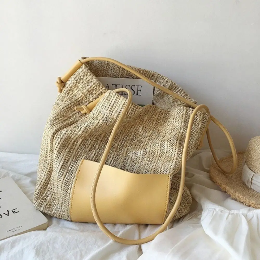 Straw Woven Straw Tote Bag Thick Material PU Strap Shoulder Purse Lightweight Large Capacity Woven Handbag Summer Travel