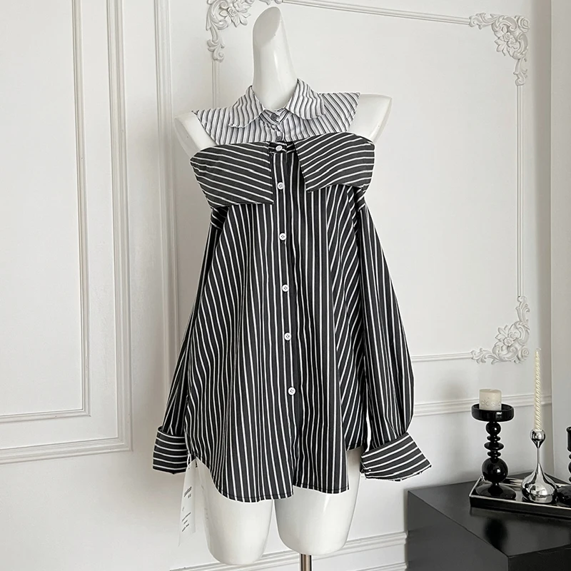 Hottie Casual Striped Shirts Women Off Shoulder Long Sleeve Casual Loose Blouse Detachable Patchwork Button Vintage Female Tops