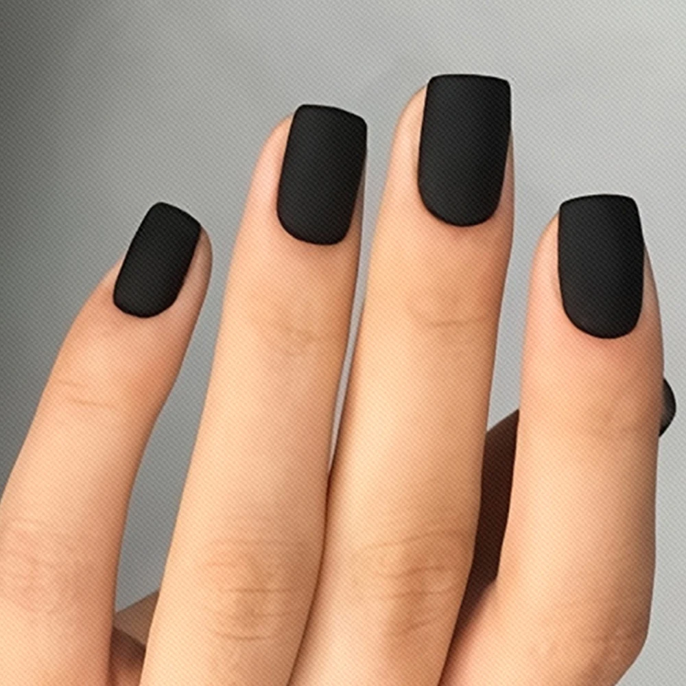 Uñas postizas cortas desmontables, uñas cuadradas negras mate, diseño natural simple, herramientas reutilizables para el cuidado de las uñas, 24 unids/lote por caja