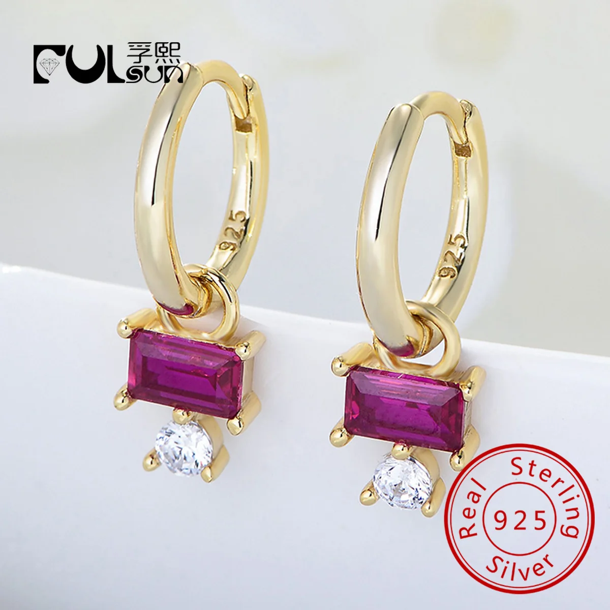 

Simple Design 14k 925 Sterling Silver CZ Zircon Drop Earrings Rectangular Red Corundum Hoop Huggies Earrings