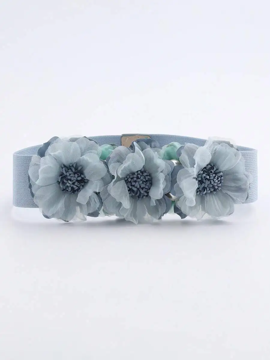 1pc Women's Sweet Floral Multi-Color Lace Pearl Faux Flower Elastic Waist Belt, Vacation Style