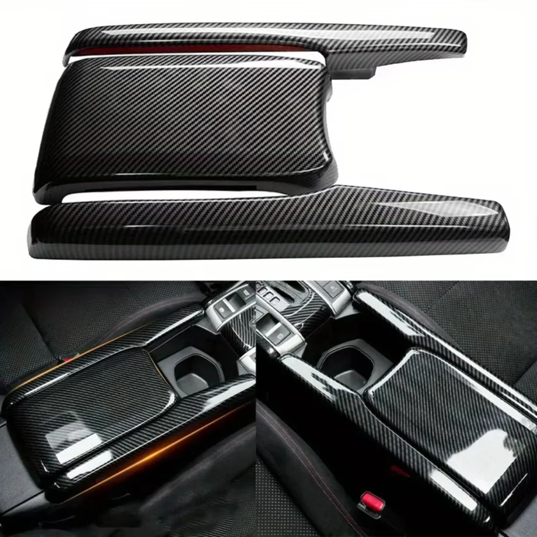 Fit For Honda Civic 2016 2017 2018-2021  Carbon Fiber Look 3PCS/Set Car Interior Center Console Armrest Box Panel Trim Sticker