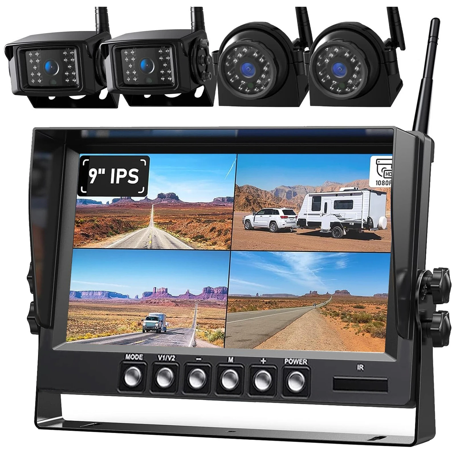 

Lastbus Wireless Waterproof Front/Side View Backup Camera With 9" 1080P AHD Quad Split Reverse Monitor DVR For Truck Caravan