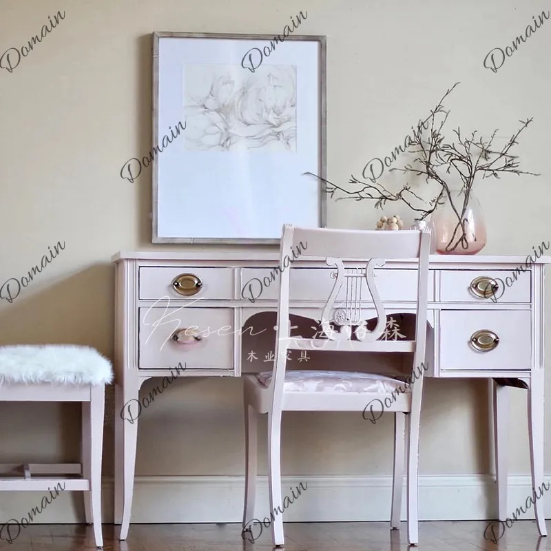 French Style Solid Wood White Vanity Makeup Desk with Chair for Bedroom Girls Study Writing Computer Table