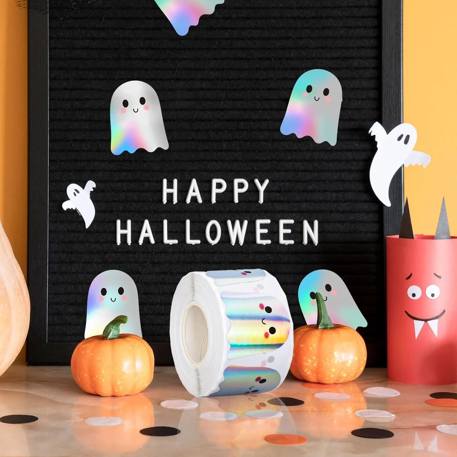 ملصقات Halloween Boo Ghost - شارات ذاتية اللصق مقاومة للماء بالليزر ثلاثية الأبعاد لمجلات الأظرف وديكورات الهالوين