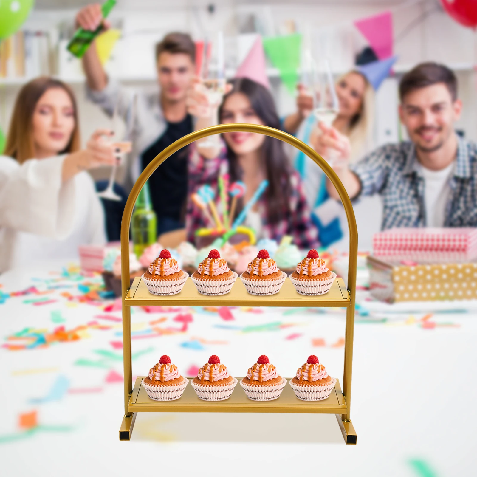 

Modern Gold Metal Two-Layer Wedding Cupcake Stand Cake Display Arch Cookies Holder Dessert Plate for Treat Food Display Table