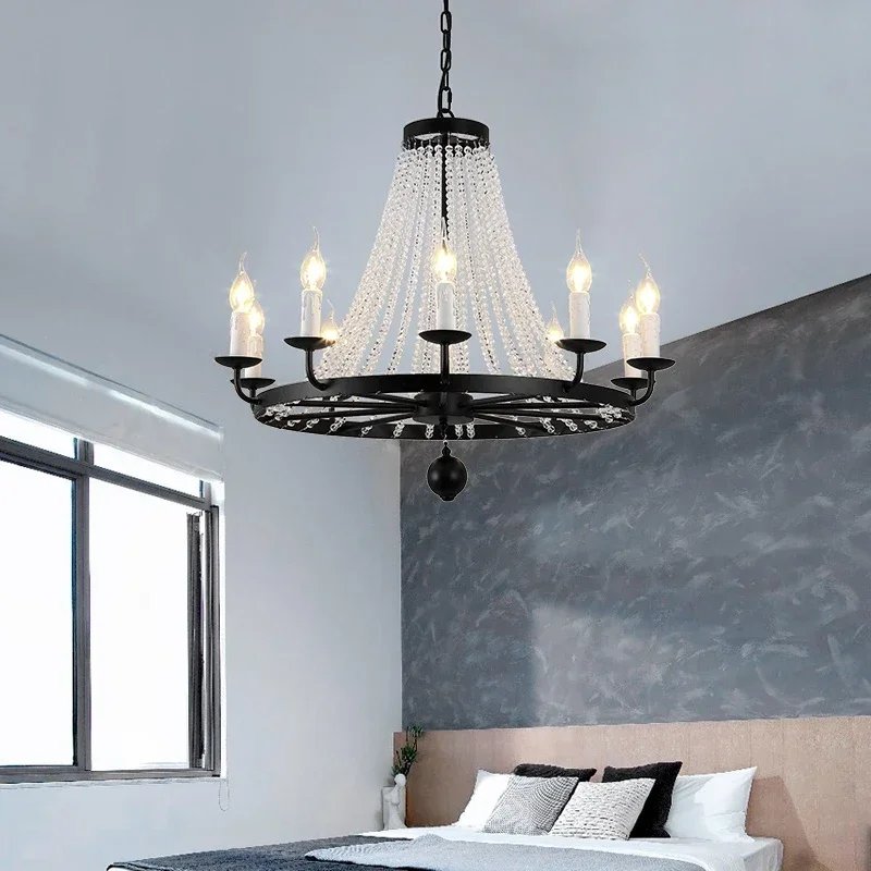 

American Retro Iron Round Chandeliers E14 Crystal Candle Chandelier LED Black Pendant Lamp Bedroom Living Room Dining Light