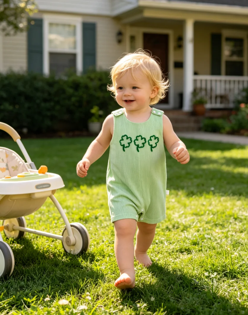 Green Striped Clover Embroidery Baby Sleeveless Romper St Patrick's Day Infant Jumpsuit Crotch Snap Overalls For 0-24 Months