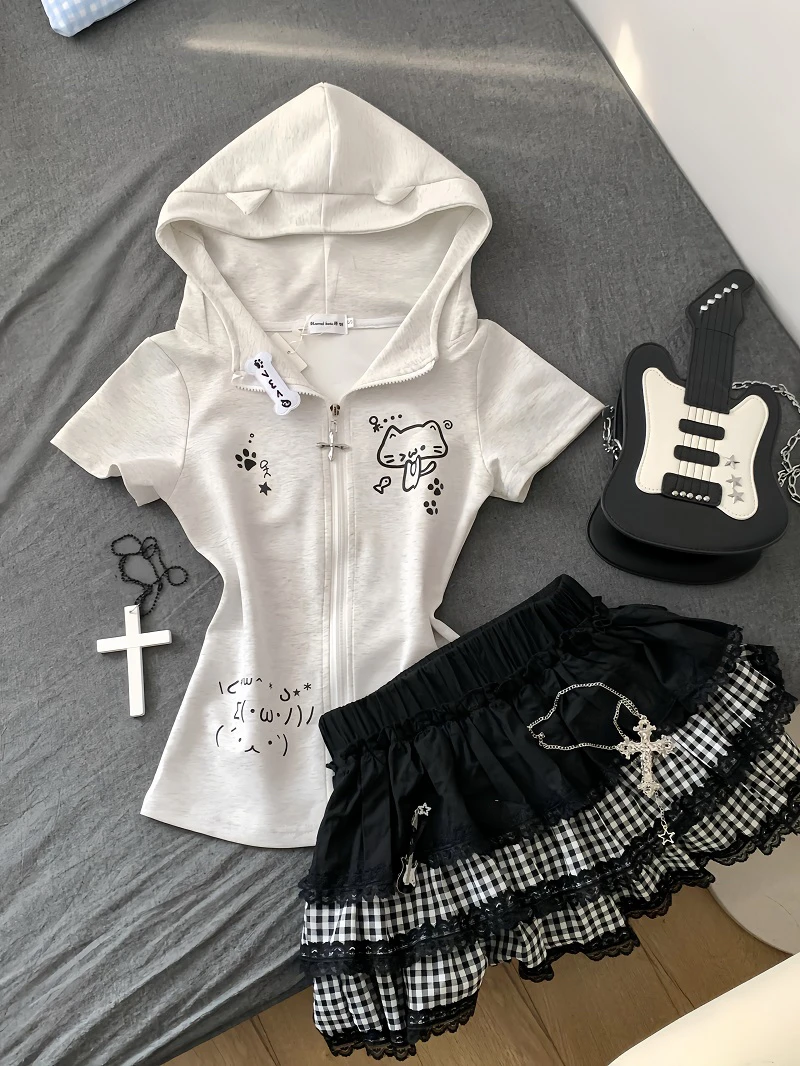 Japanese Subculture Slim-fit Short Sleeve Thin Jacket Women Cute Cat Print Top Cotton Zip Cardigan Elastic Waist Casual Pants