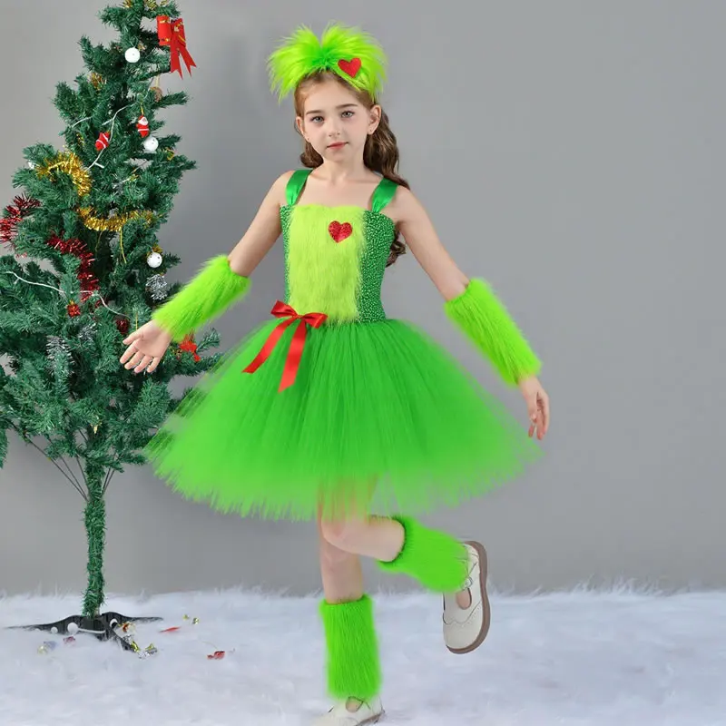 Christmas Green Monster Costume For Baby Girl Lace Dress 4PCS Outfit Festive Child Performance Party Frock+Hair Clip Set