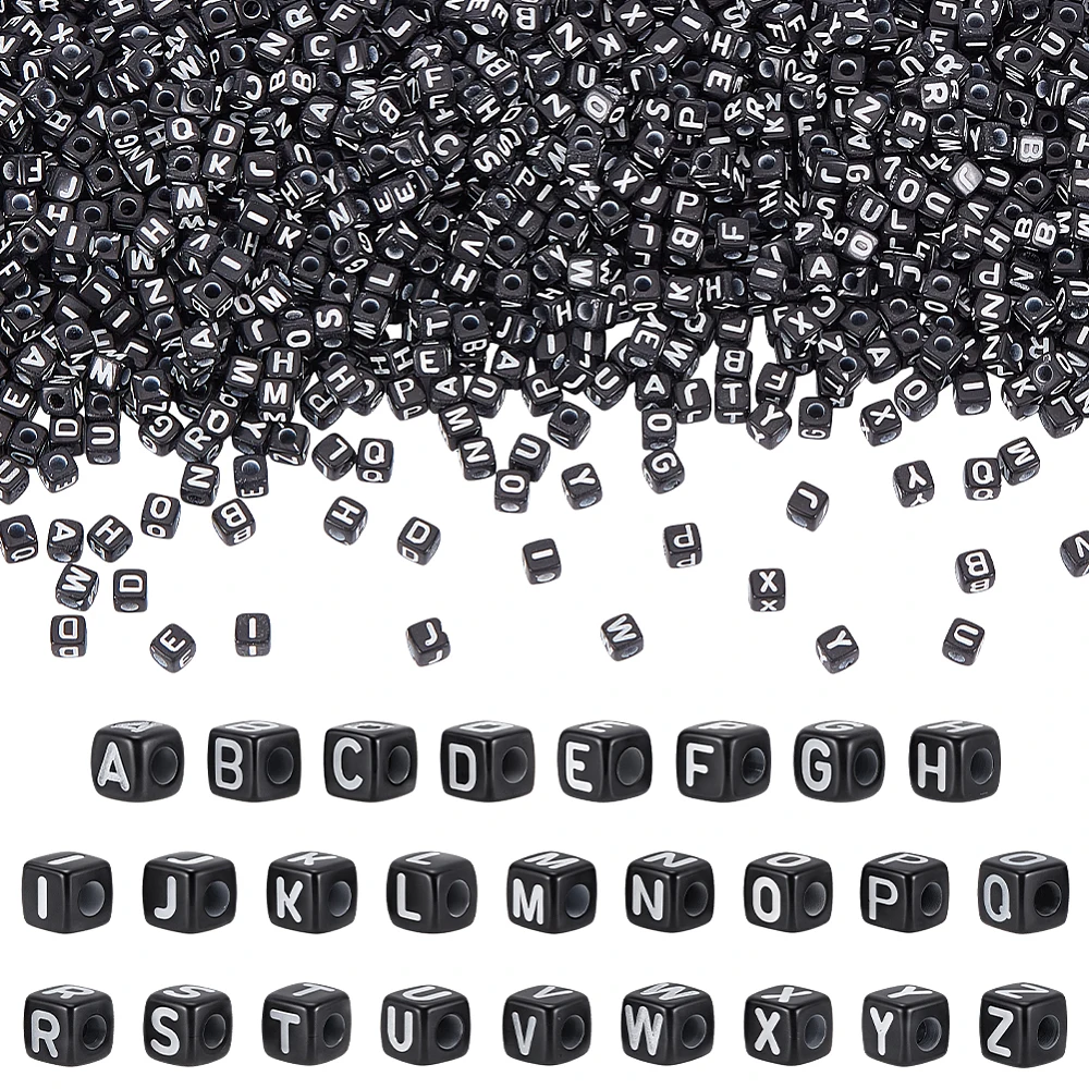 1300Pcs Black Acrylic Letter Beads 5mm Tiny Cube Alphabet Beads 1.8mm Hole Square Beads for Jewelry Making Name Bracelets