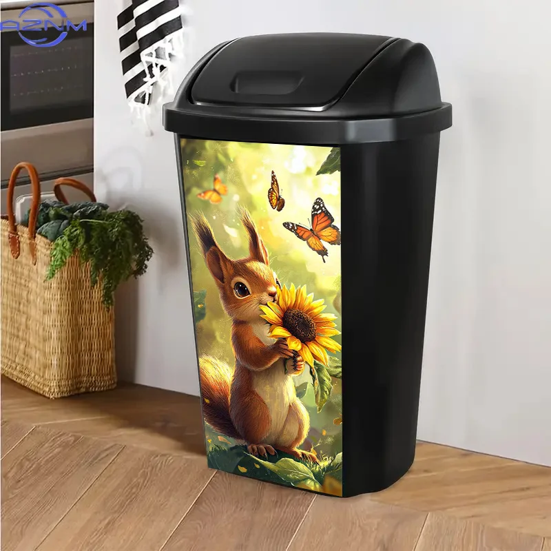 Trash Can Sticker - Squirrel Sniffing Sunflower with Butterflies Nature-Themed Design, PVC Self-Adhesive Decal for Trash Cans,