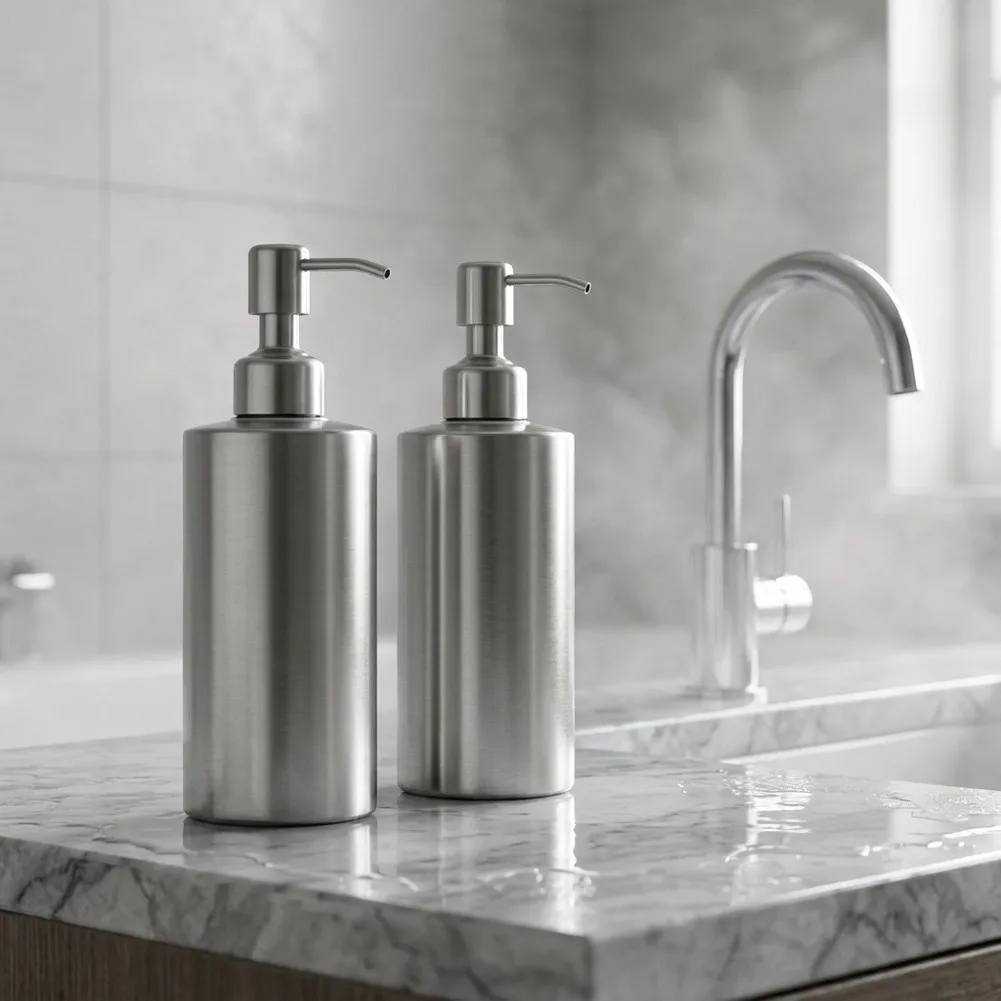 Two 350 ml Stainless Steel Soap Dispensers for Bathroom Countertop Use Made with 304 Grade Steel for Long Term Durability