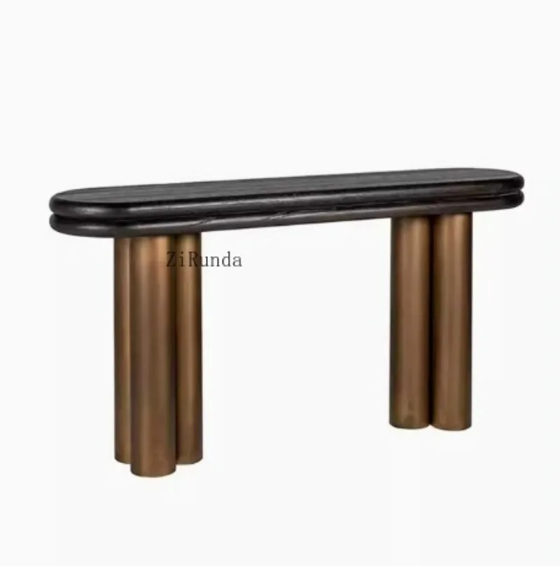 Hot-selling home furniture, solid wood countertops, bronze cylindrical stainless steel leg entrance table, living room