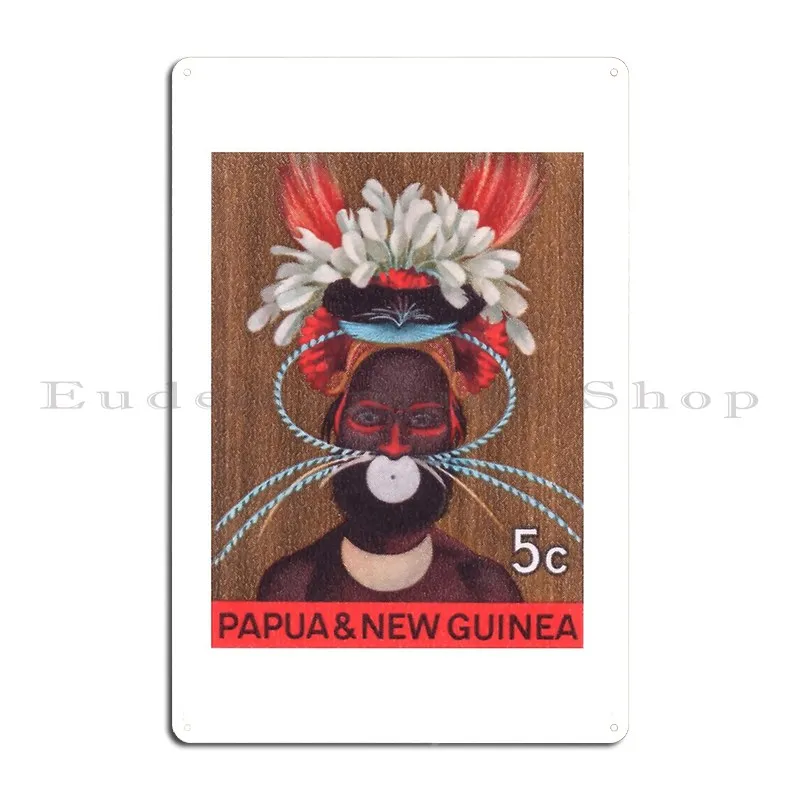 1968 Papua New Guinea Headress 5c Postage Stamp Metal Sign Club Club Wall Cave Rusty Designing Tin Sign Poster