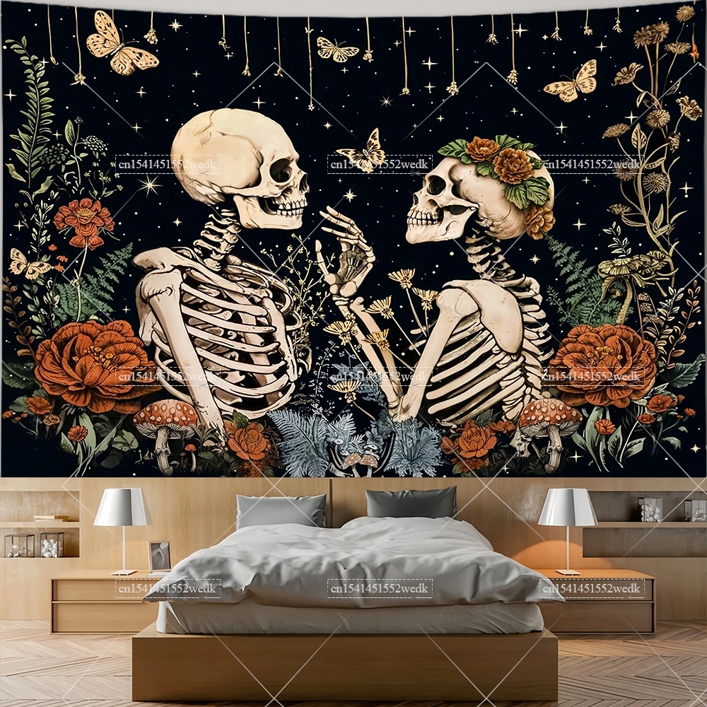 Floral Skeleton Lovers Tapestry Wall Hanging  Gothic Skull Tapestrys Aesthetic Bedroom Decoration Mushroom Tapestries Macrame