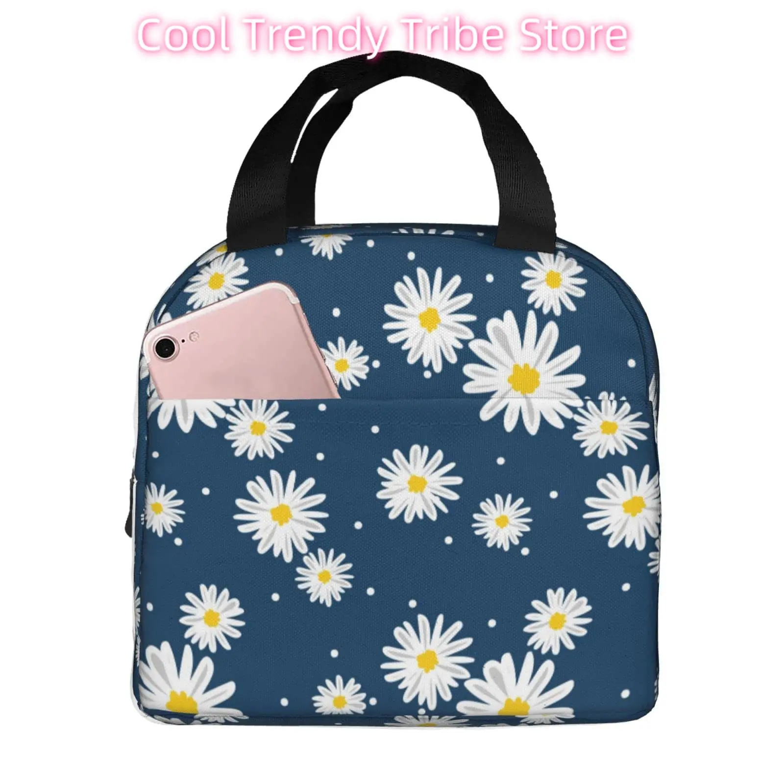 Grey Daisy Flower Lunch Bag for Women Men, Kawaii Daisy Insulated Lunch Box Container with Frond Pocket for Work Picnic Travel