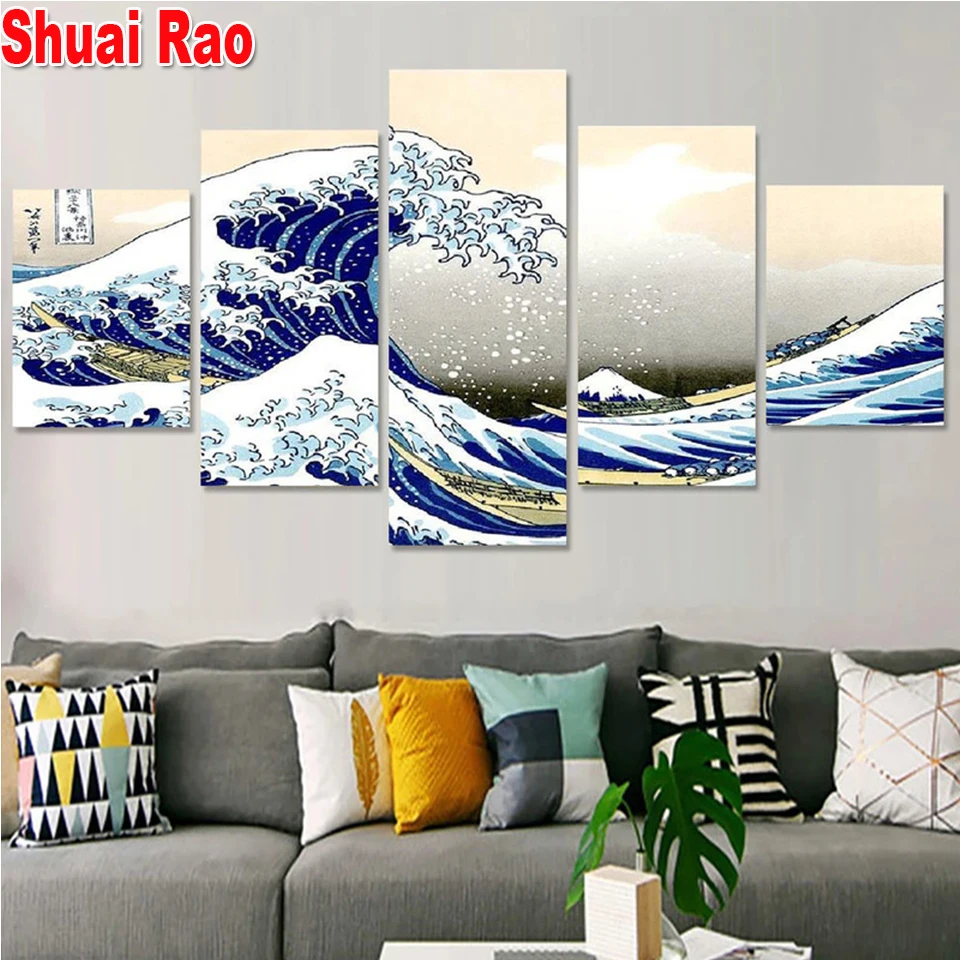 5 Piece Diamond Painting A Big Wave Off Kanagawa By Hokusai Crystal Diamond Mosaic Picture Of Rhinestone Famous Home Decor