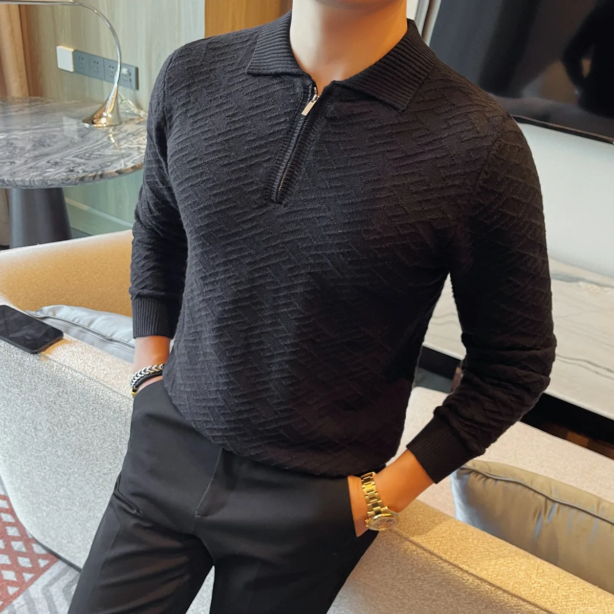 

Черный/белый/абрикосовый зимний толстый теплый свитер, мужская одежда, 2025 г., полумолния с отложным воротником, деловые повседневные мужские свитера, тонкие