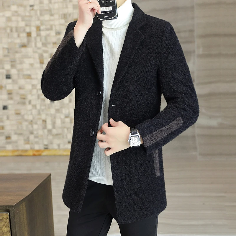

High-quality winter gold mink fleece men's casual, cotton-padded, thickened suit collar windbreaker, mid-length fitted woolen co