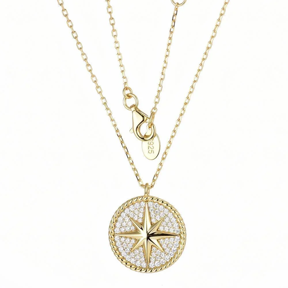 

Carline Hot sale Luxe Gold 925 Sterling Silver Fine Jewelry Necklace Delicate Iced Out Zircon Octet star Coin Pendant Necklace