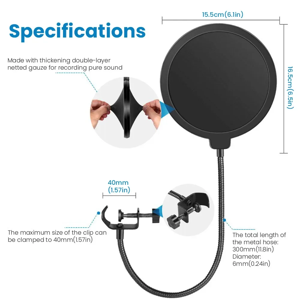 Microphone Pop Filter Studio Recording Dual Layer Pop Sound Filter Flexible Microphone Wind Screen for Blue Yeti Mic Accessories