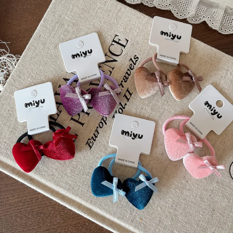 

2 шт./компл. корейские бархатные резинки для волос с бантом в форме сердца для маленьких девочек, маленький размер, детский набор резинок для волос, милые милые аксессуары для волос для малышей