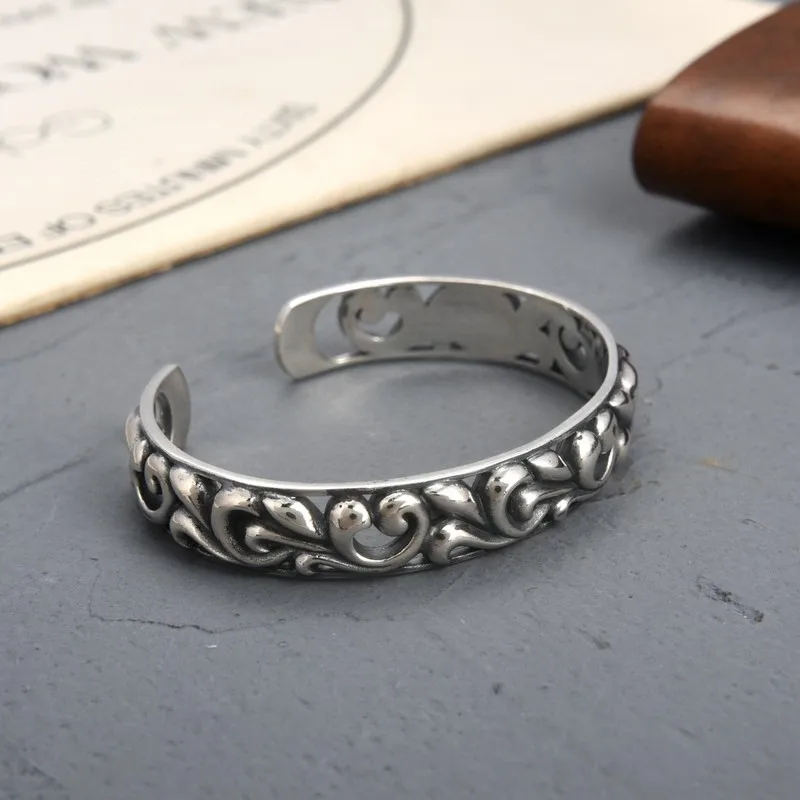New 925 Silver Vine Pattern Open Bracelet Men And Women, Vintage Ethnic Style