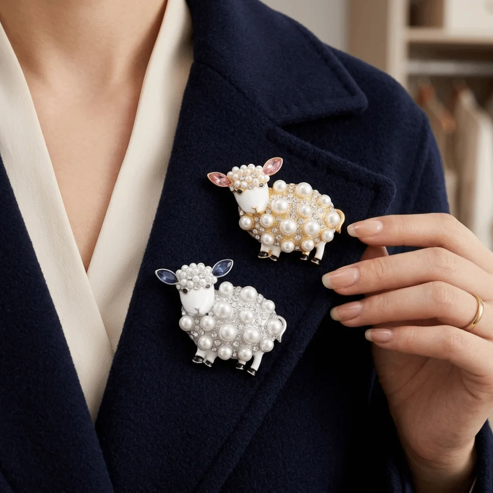 New Pearl Sheep Brooch Cute Sheep Shape Creative Style Brooch Pin Rhinestone Versatile Coat Closure Pin Cardigan Coat Styling