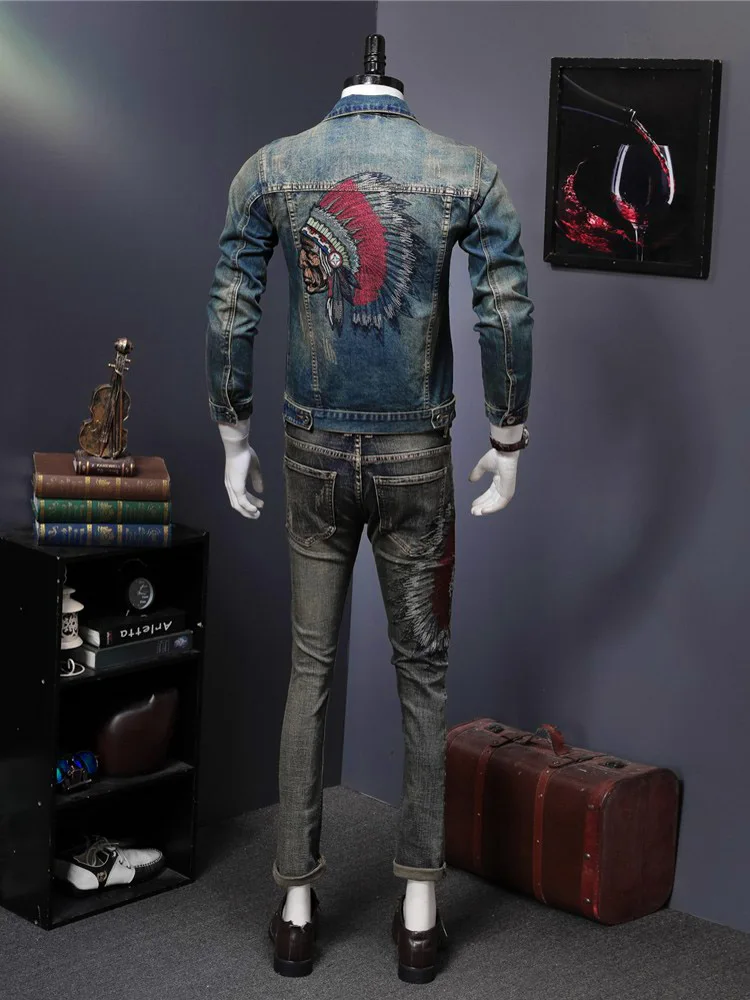 Vintage Men Floral Embroidery Denim Jacket Single Breasted Slim Fit Men Casual Cargo Jacket Motorcycle Biker Cowboy Outwear Coat