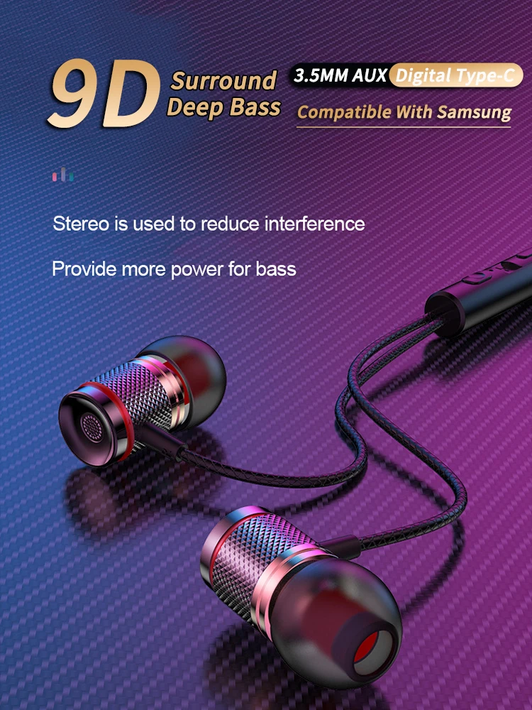 VAORLO Écouteurs hi-fi 9D pour basses lourdes, 3.5MM, puce numérique AUX/type-c, casque filaire stéréo Surround 7.1, avec micro, pour Samsung et Android 6