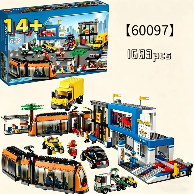 

2026 Hot Toy 1683PCS Helicopter Town Square Building Blocks Traffic Station City Street View Train 60097 Model Bricks Toys