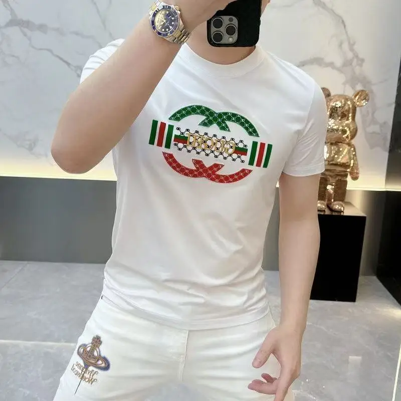 

2025 summer men letter short sleeve fashion brand mercerized cotton short sleeve T-shirt slim stretch breathable round neck half