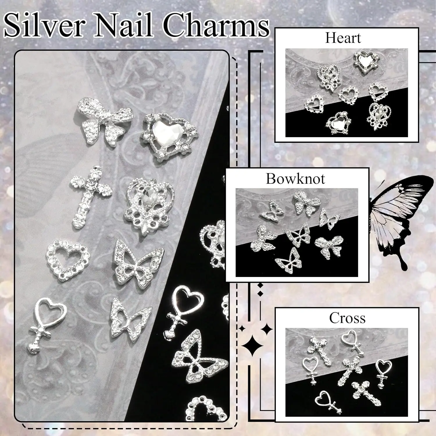 100PCS Silver Nail Charms 3D Bows for Nails 8 Shapes Butterfly Nail Charms Shiny Crystal Heart Nail Charms Alloy Silver Nail