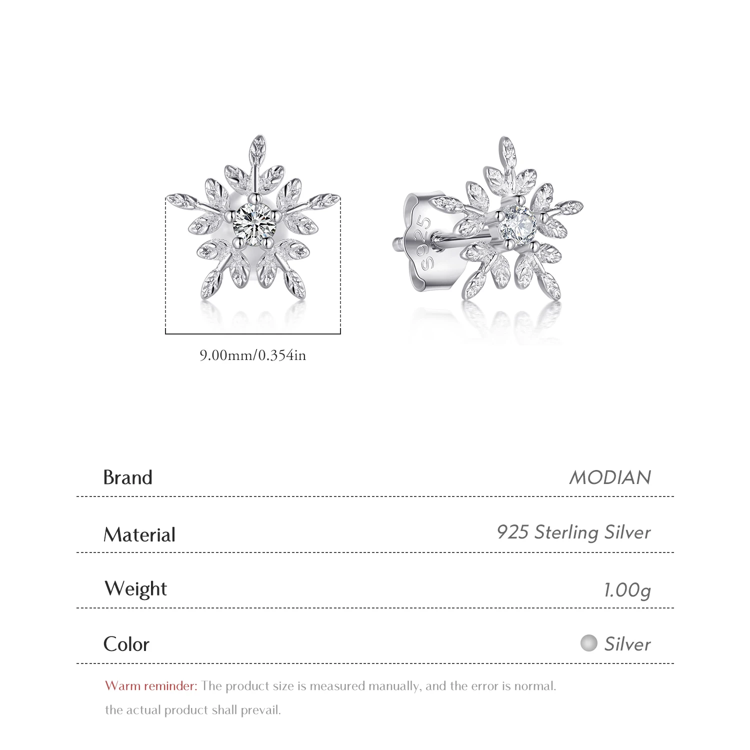 Modian Real 925 Sterling Silver White Snowflake Stud Earrings Cubic Zirconia Jewelry For Women Fashion Sterling Silver Earrings