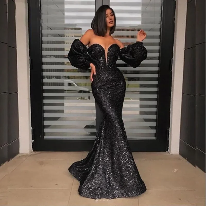 

Роскошное черное коктейльное бальное платье русалки по индивидуальному заказу с v-образным вырезом и открытыми плечами, облегающее стильное сверкающее вечернее платье подружки невесты