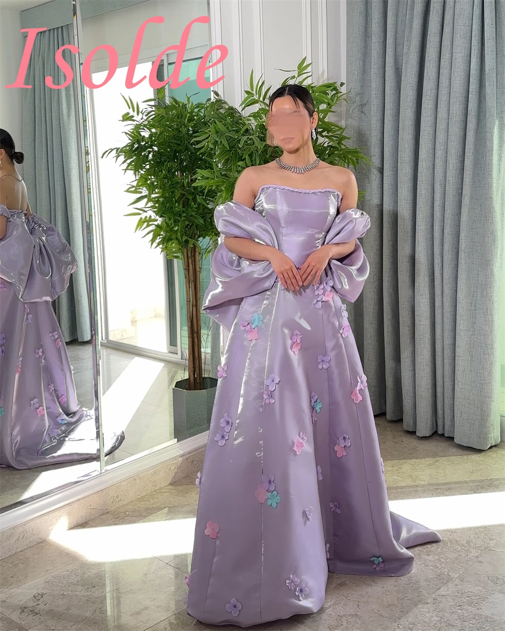 Customized Sparkly Purple Satin Evening Dresses Classic Strapless Celebrity Gowns Fashion Flowers Special Occasion Gowns