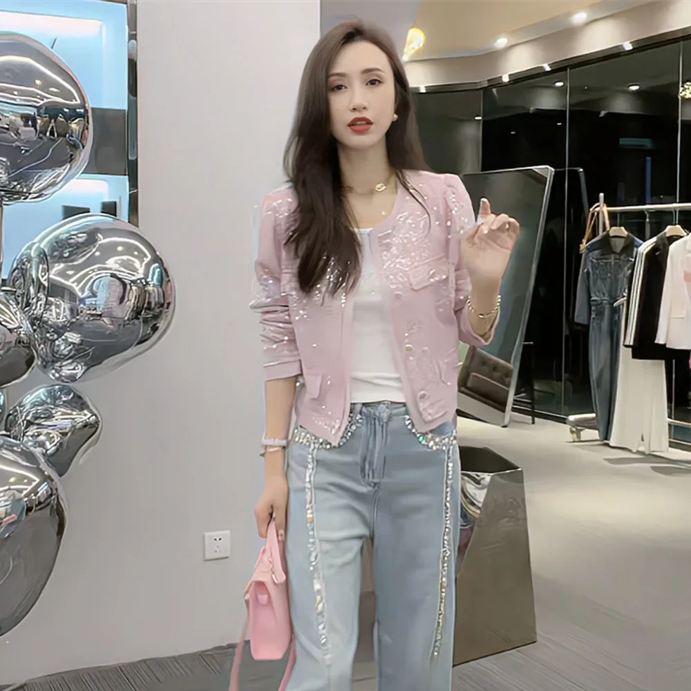 Wiosna Lato Cekinowa Różowa Kurtka Kobieta Koreańska Moda Słodki Mały Pachnący Płaszcz Wiatrowy Damski O-neck Casualowy Długi Rękaw Odzież wierzchnia